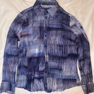 Cyber Y2K style Women's Long Sleeve Collared Cotton #Silk Mystic Blue Medium M